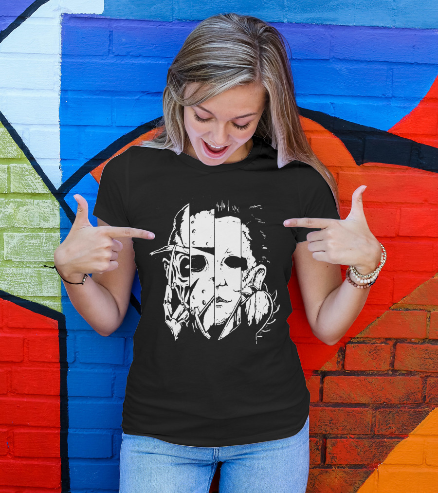 Freddy Krueger Jason Voorhees Michael Myers Thomas Iconic Horror Faces Combined T-Shirt