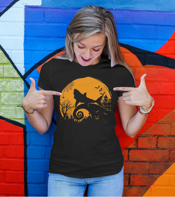 Halloween Shark King Parody In Spooky Nightmarish Setting With Haunted Graveyard Silhouette And Moonlit Spider Web T-Shirt