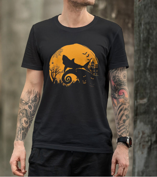 Halloween Shark King Parody In Spooky Nightmarish Setting With Haunted Graveyard Silhouette And Moonlit Spider Web T-Shirt