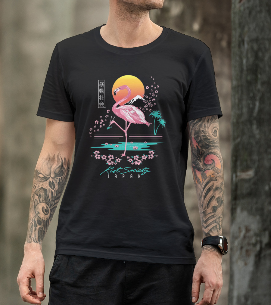 Riot Society Japan Flamingo Blossom Sakura Sunset T-Shirt