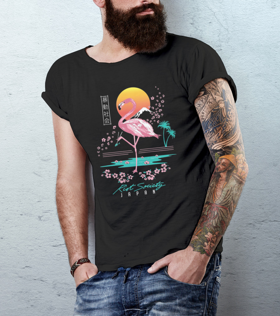 Riot Society Japan Flamingo Blossom Sakura Sunset T-Shirt