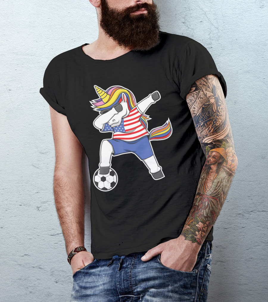 Dabbing Soccer Unicorn USA Girls Unicorn Lover Stars And Stripes Football T-Shirt