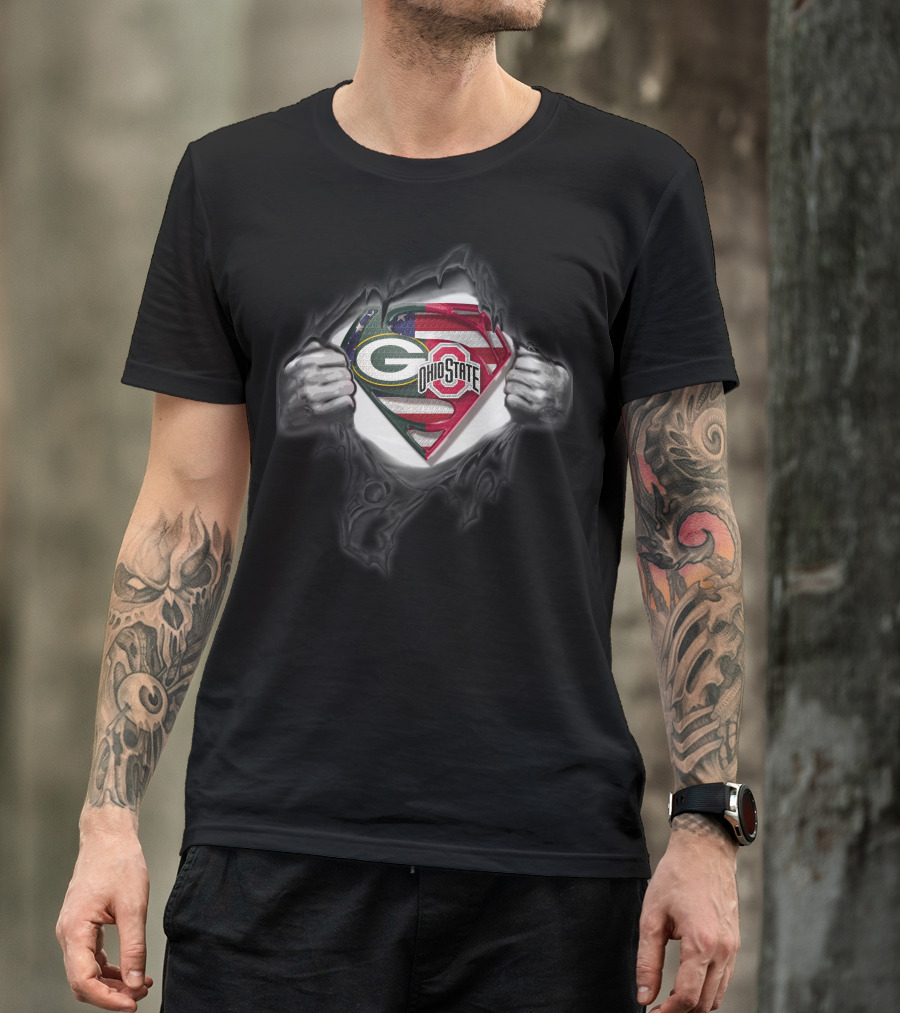 Green Bay Packers Ohio State Buckeyes American Flag Superman T-Shirt