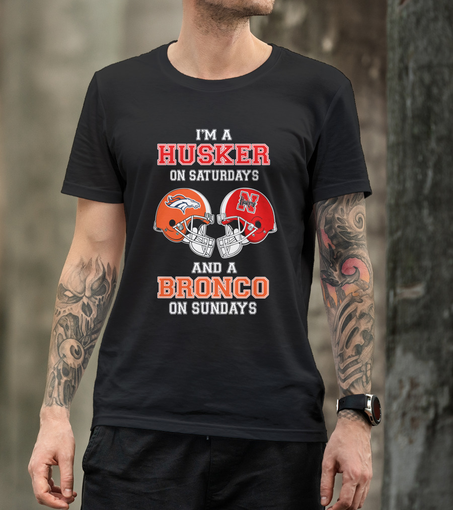 Husker On Saturdays And Bronco On Sundays Football Helmets T-Shirt