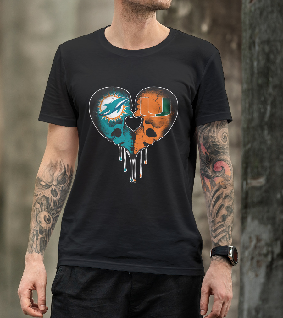 Miami Dolphins Hurricanes Love Heart Skull T-Shirt