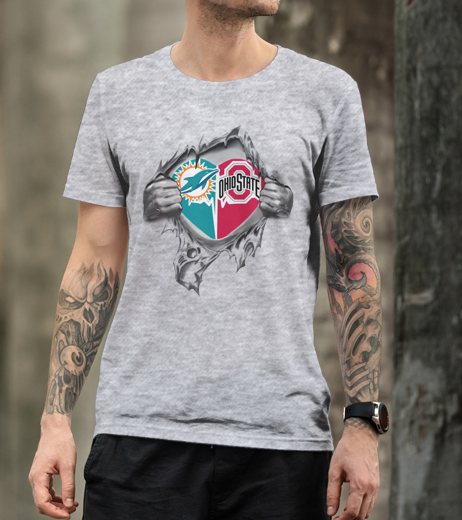 Miami Dolphins Ohio State Buckeyes Heart Logo Fusion T-Shirt