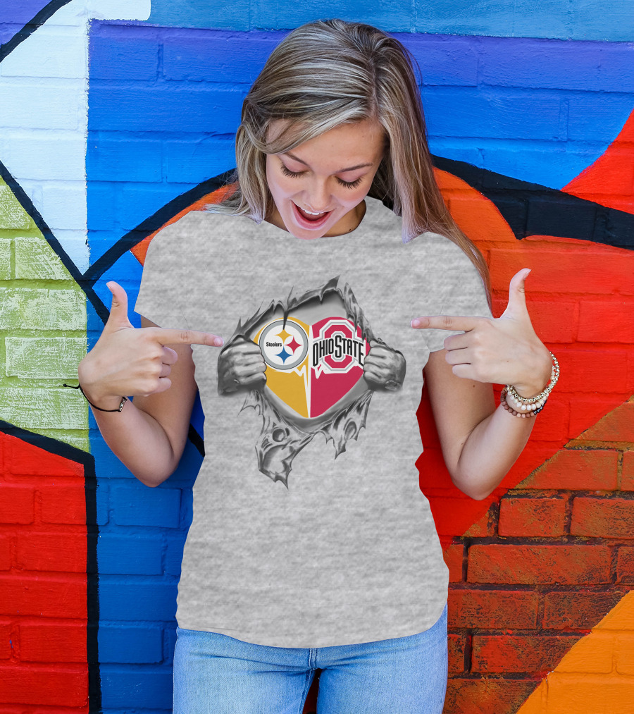 Steelers Heart Ohio State Buckeyes Logo With Ripped T-Shirt