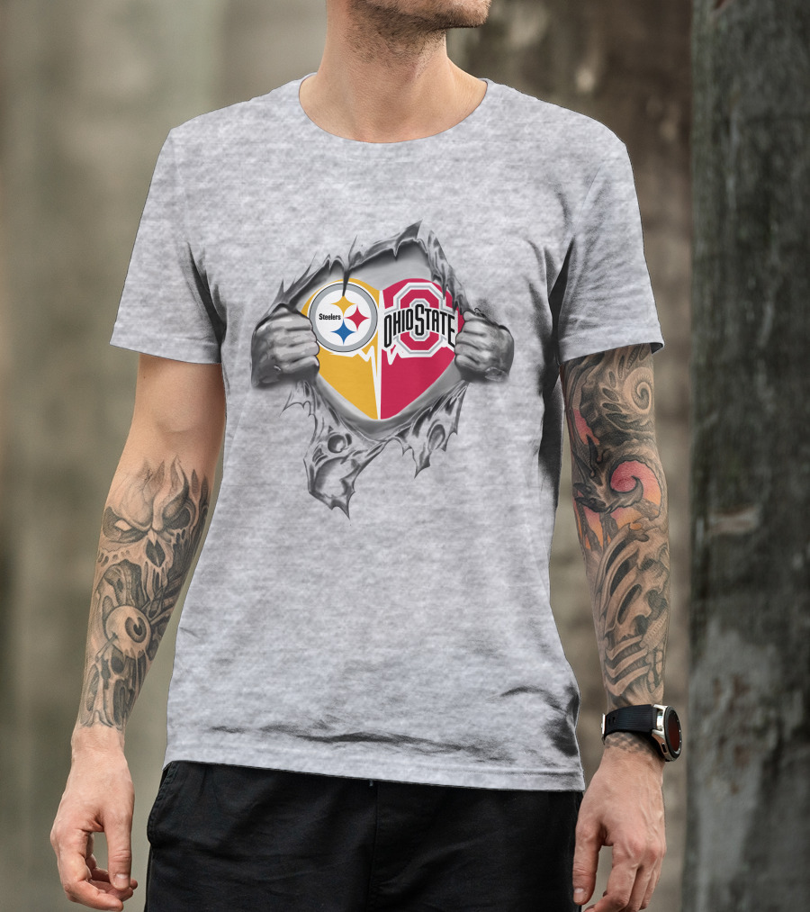 Steelers Heart Ohio State Buckeyes Logo With Ripped T-Shirt