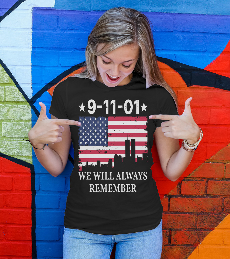 9-11-01 We Will Always Remember Twin Towers American Flag Skyline T-Shirt