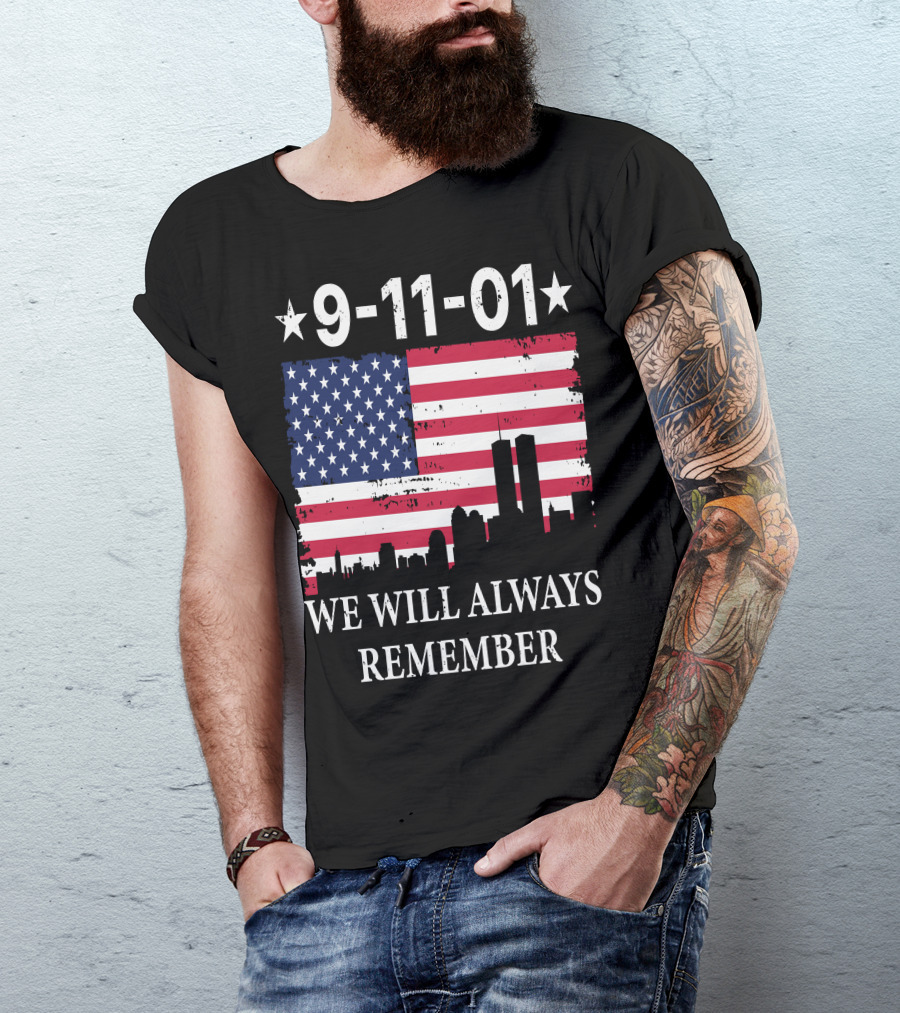 9-11-01 We Will Always Remember Twin Towers American Flag Skyline T-Shirt
