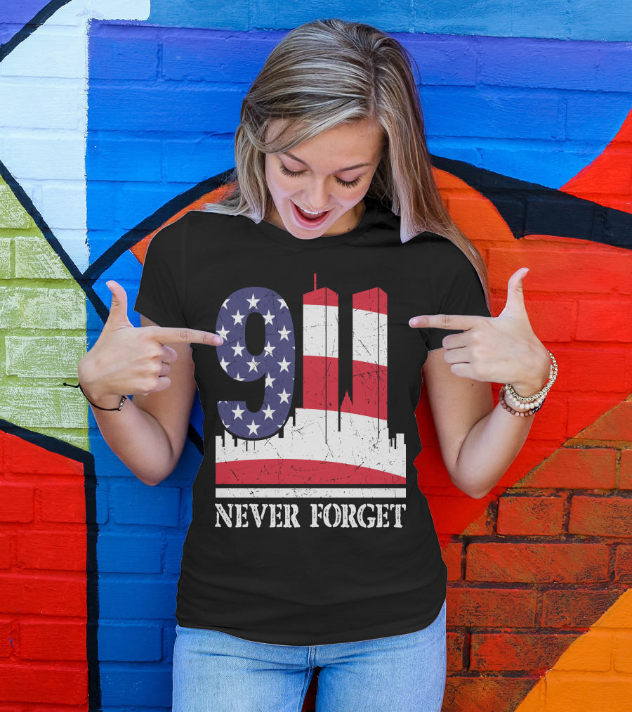 9 11 Never Forget Twin Towers American Flag T-Shirt