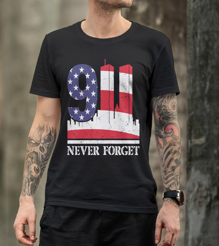 9 11 Never Forget Twin Towers American Flag T-Shirt