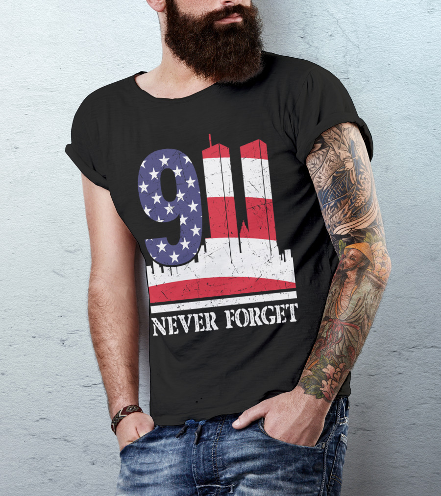 9 11 Never Forget Twin Towers American Flag T-Shirt