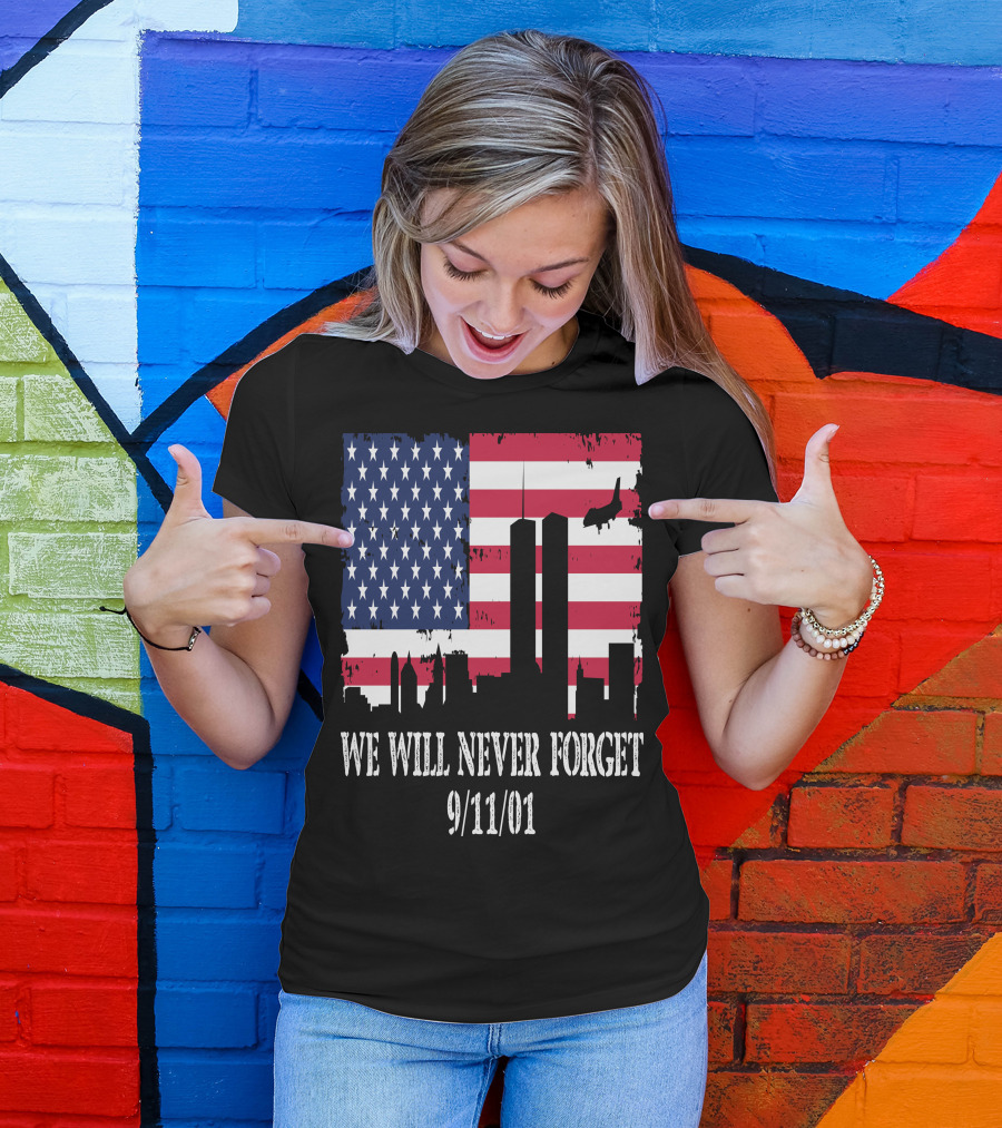 We Will Never Forget 9/11/01 American Flag Twin Towers T-Shirt