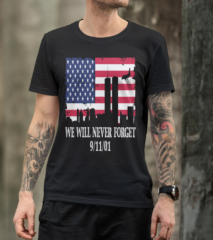 We Will Never Forget 9/11/01 American Flag Twin Towers T-Shirt