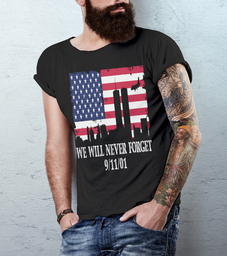 We Will Never Forget 9/11/01 American Flag Twin Towers T-Shirt