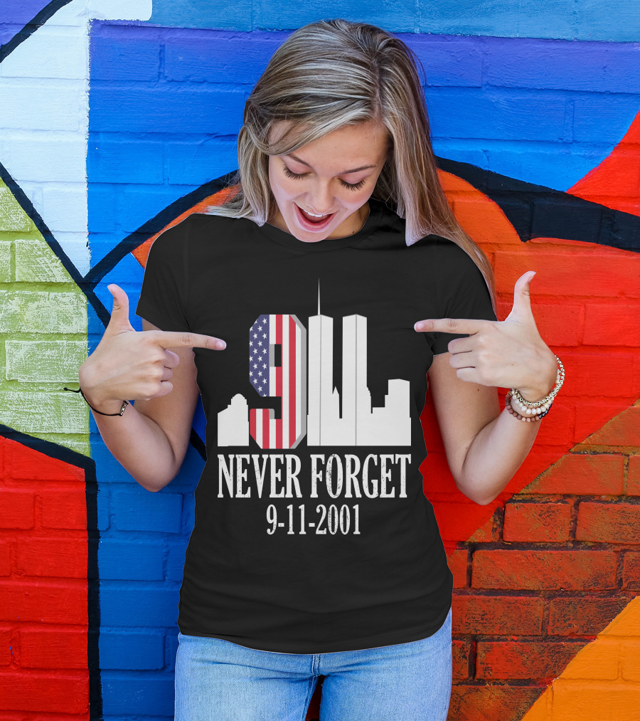 Never Forget 9-11-2001 American Flag Twin Towers Skyline T-Shirt