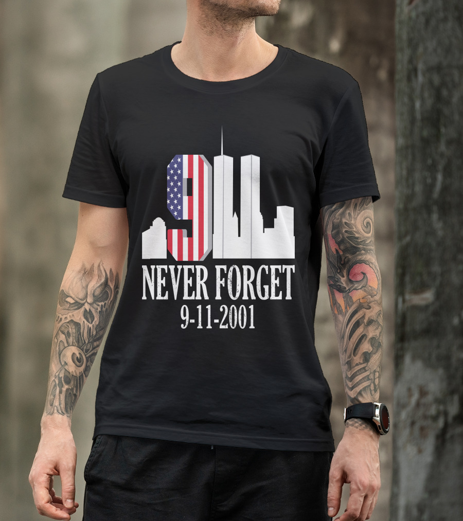Never Forget 9-11-2001 American Flag Twin Towers Skyline T-Shirt