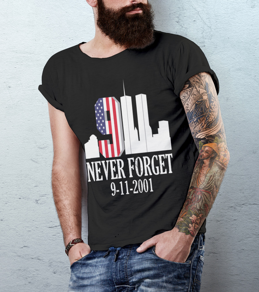 Never Forget 9-11-2001 American Flag Twin Towers Skyline T-Shirt