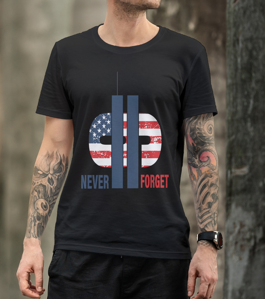 Never Forget 9.11 American Flag Tribute With Twin Towers Symbol T-Shirt