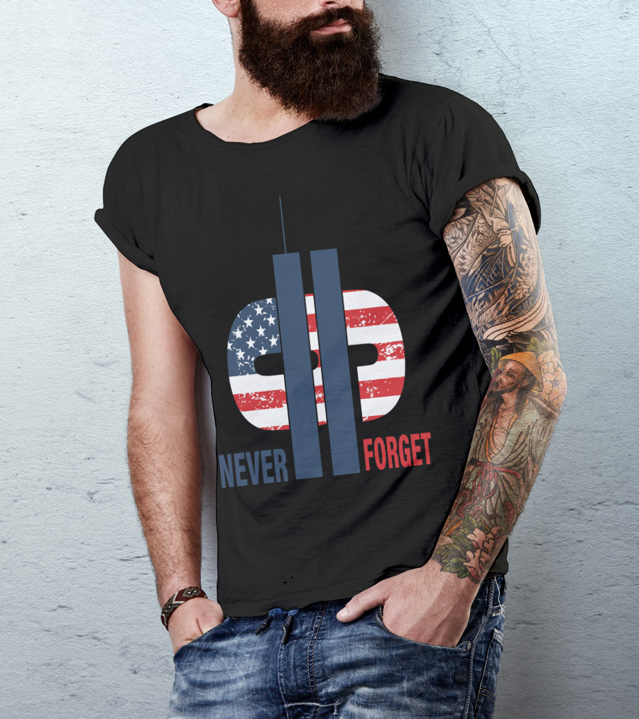Never Forget 9.11 American Flag Tribute With Twin Towers Symbol T-Shirt