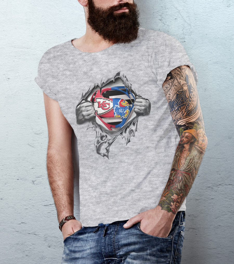 Kansas City Chiefs And Kansas Jayhawks Superman Logo Fusion T-Shirt