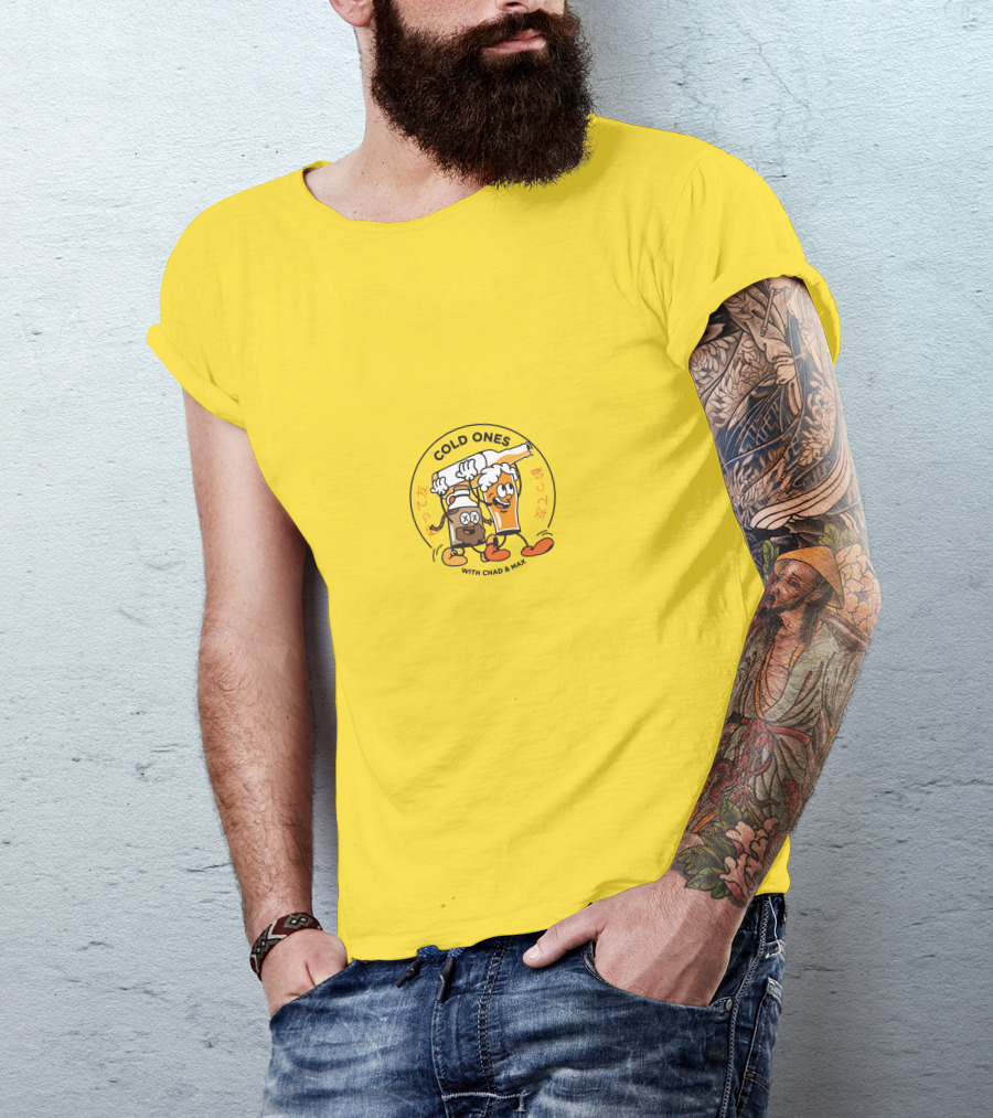 COLD ONES WITH CHAD And MAX CARTOON BEERS YELLOW BACKGROUND T-Shirt