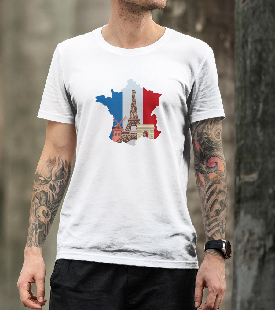 France Map With Eiffel Tower And Moulin Rouge On Tricolor Flag T-Shirt