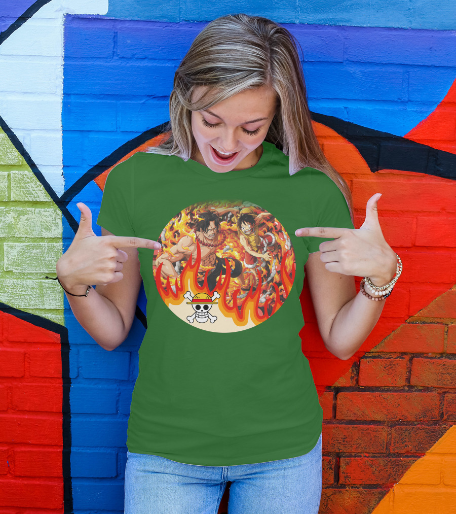 One Piece Luffy And Ace Fire Battle With Jolly Roger Hat T-Shirt