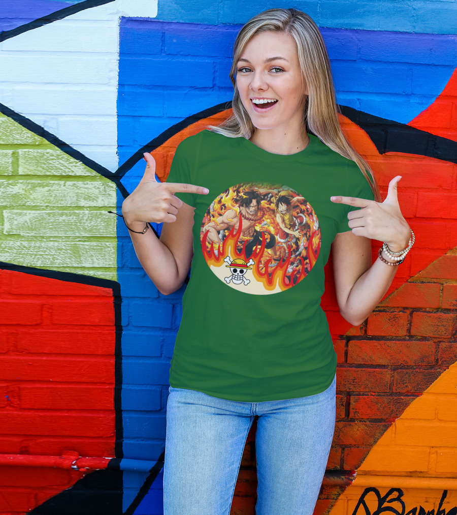 One Piece Luffy And Ace Fire Battle With Jolly Roger Hat T-Shirt