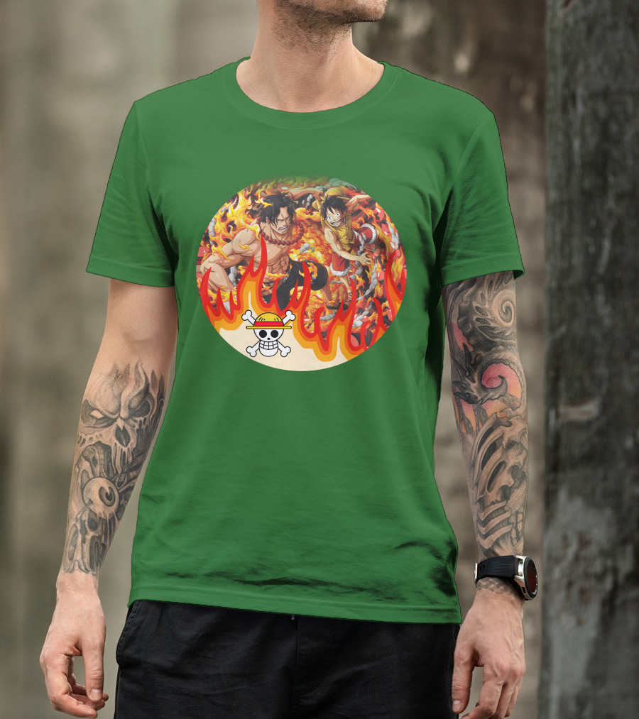 One Piece Luffy And Ace Fire Battle With Jolly Roger Hat T-Shirt