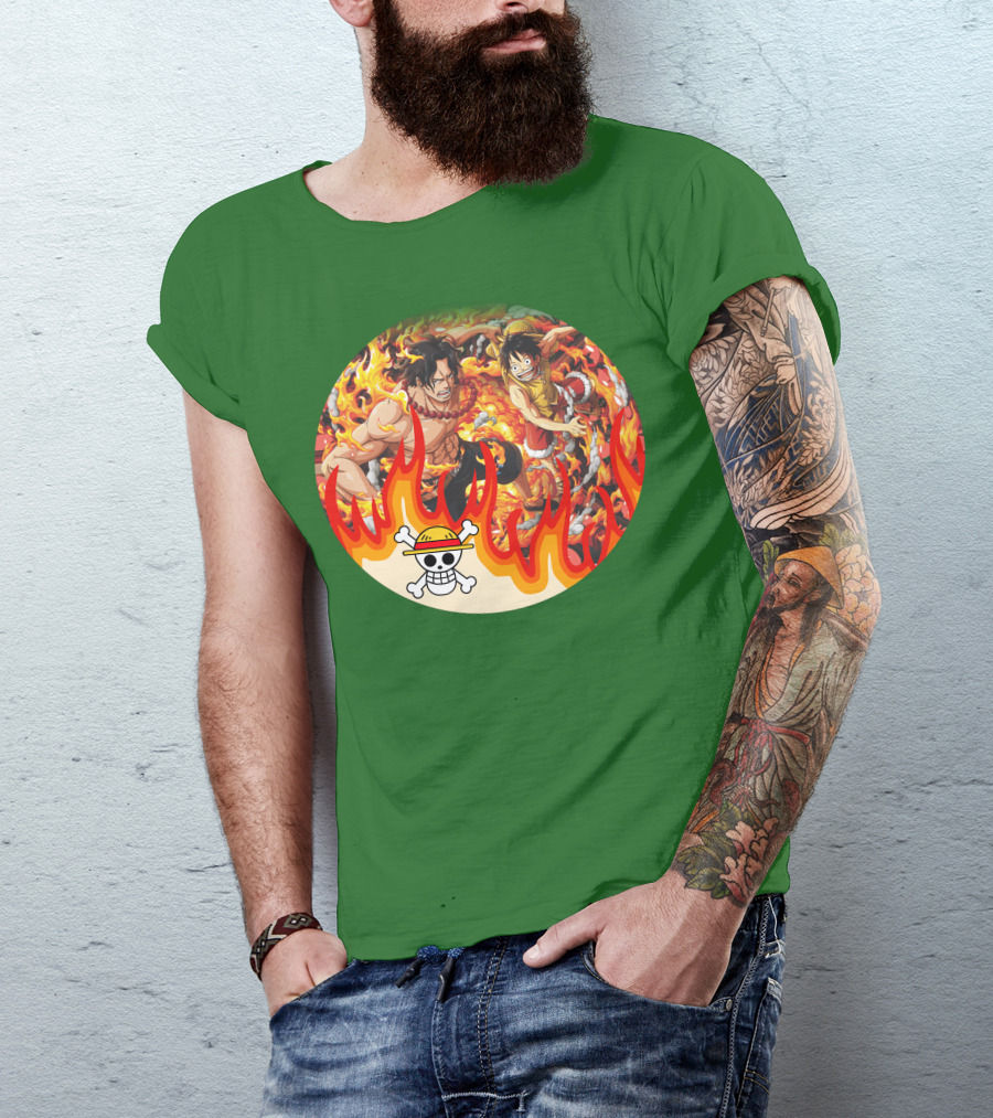 One Piece Luffy And Ace Fire Battle With Jolly Roger Hat T-Shirt