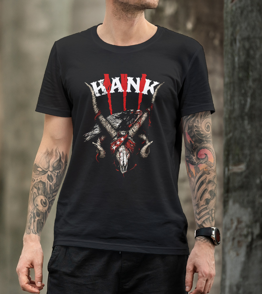 Hank III Bird Skull And Goat Horns Red Stripes T-Shirt