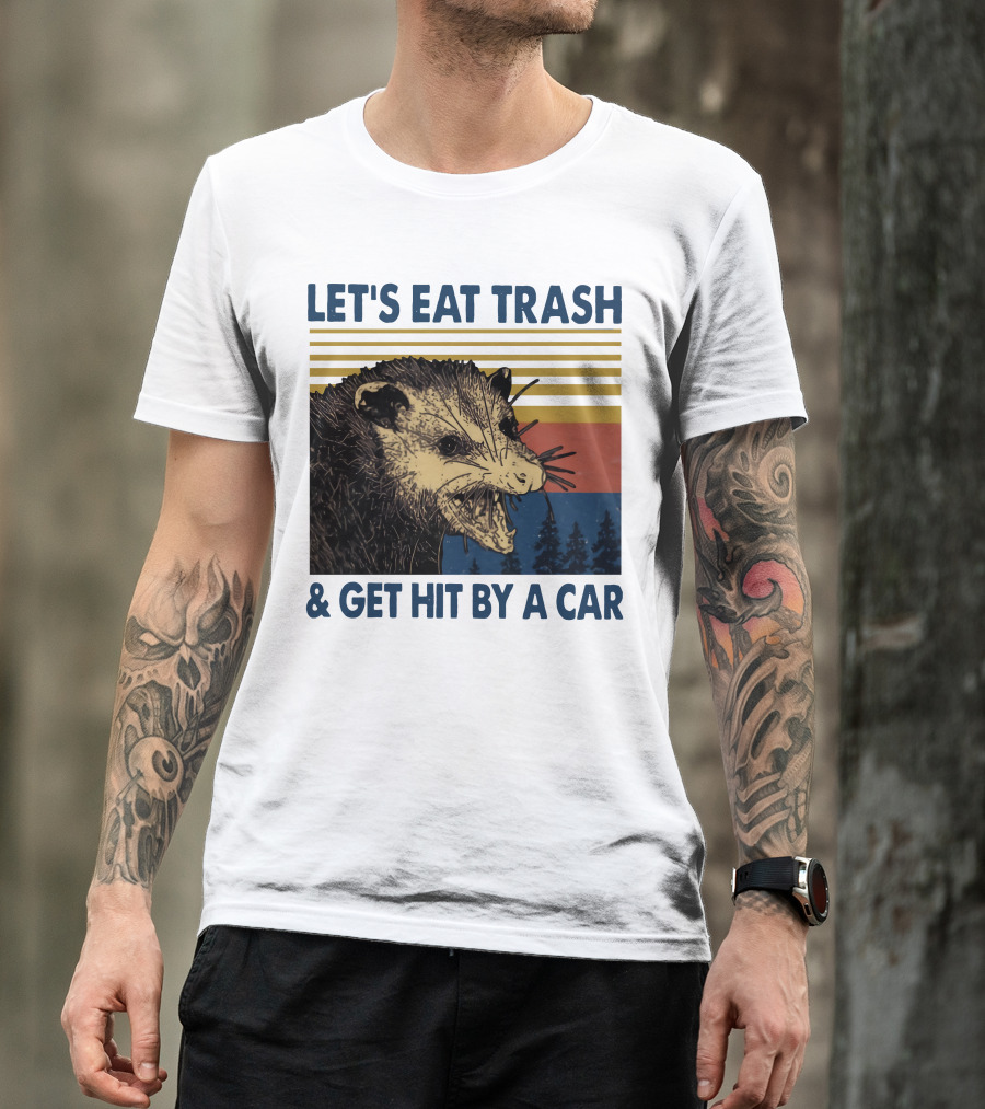 LET'S EAT TRASH And GET HIT BY A CAR Opossum Vintage Retro Stripe Forest T-Shirt