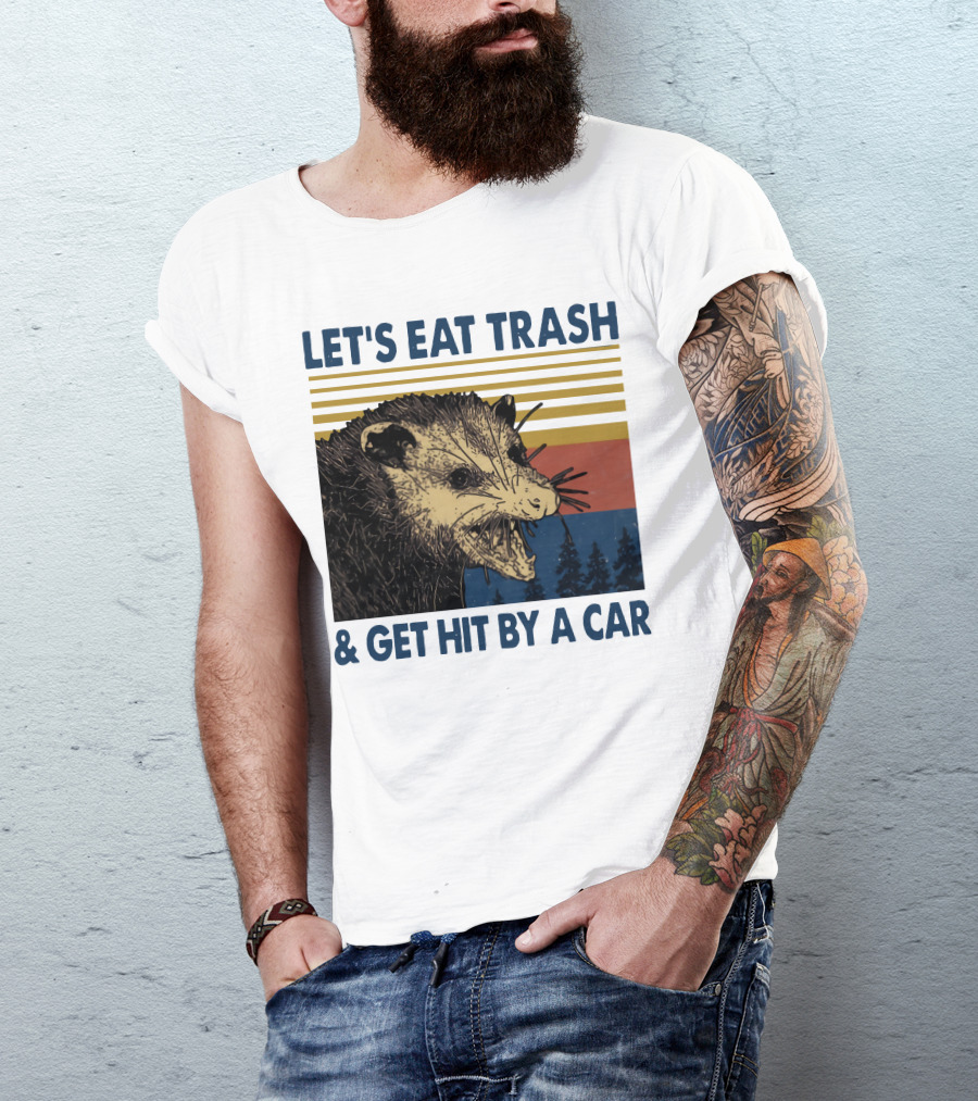 LET'S EAT TRASH And GET HIT BY A CAR Opossum Vintage Retro Stripe Forest T-Shirt