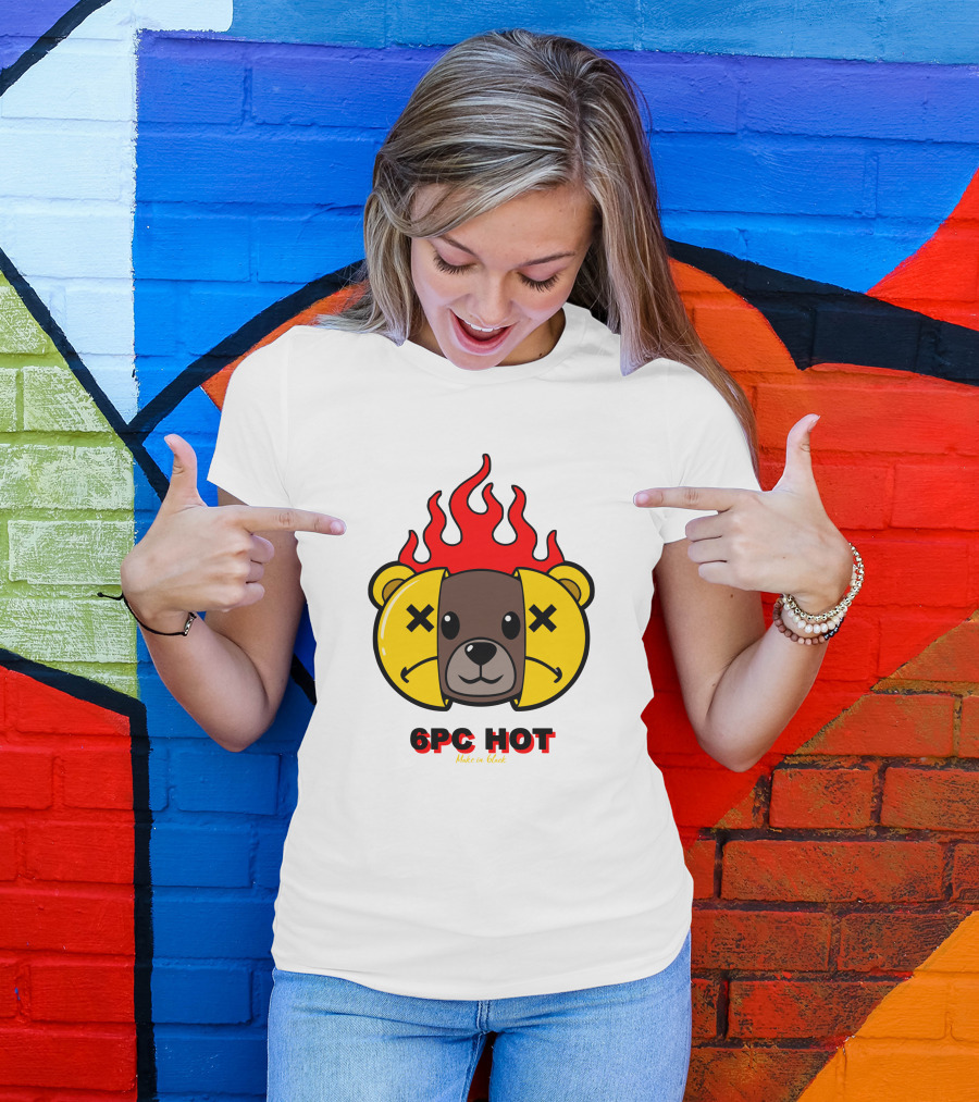6pc Hot Make On Black Flame Bear T-Shirt