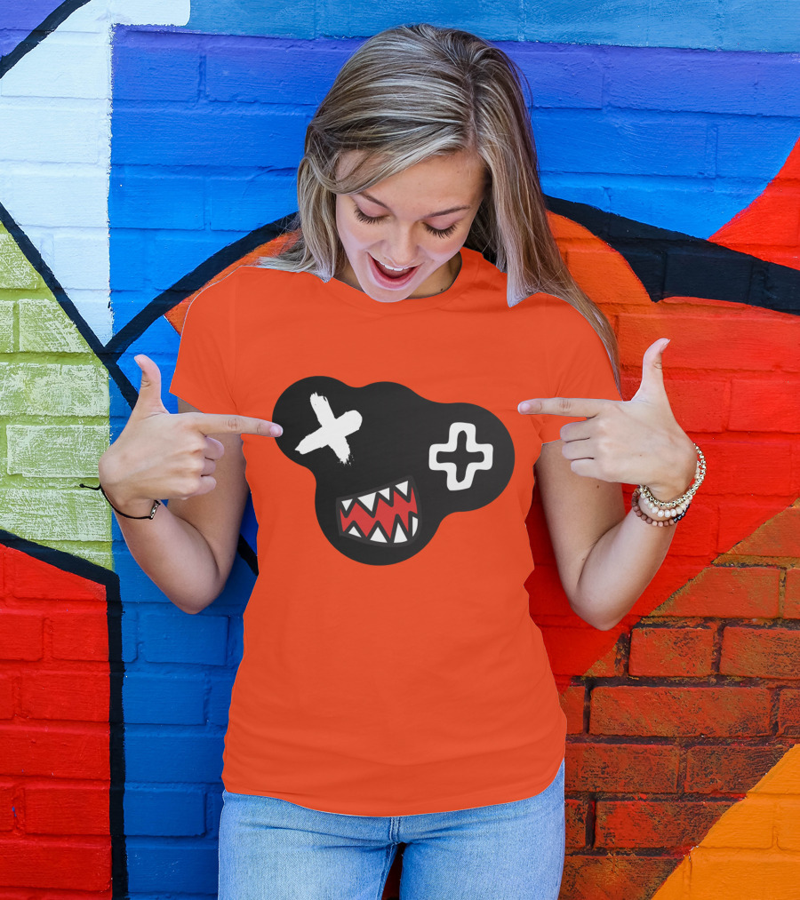 Monstrosity X Plus Mark Teeth Icon On Black Blob Shape T-Shirt