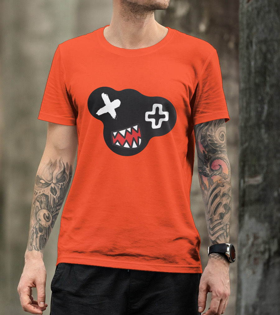 Monstrosity X Plus Mark Teeth Icon On Black Blob Shape T-Shirt