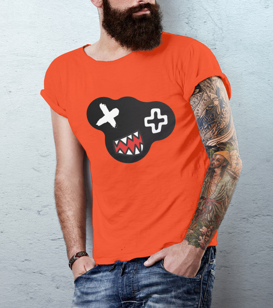 Monstrosity X Plus Mark Teeth Icon On Black Blob Shape T-Shirt