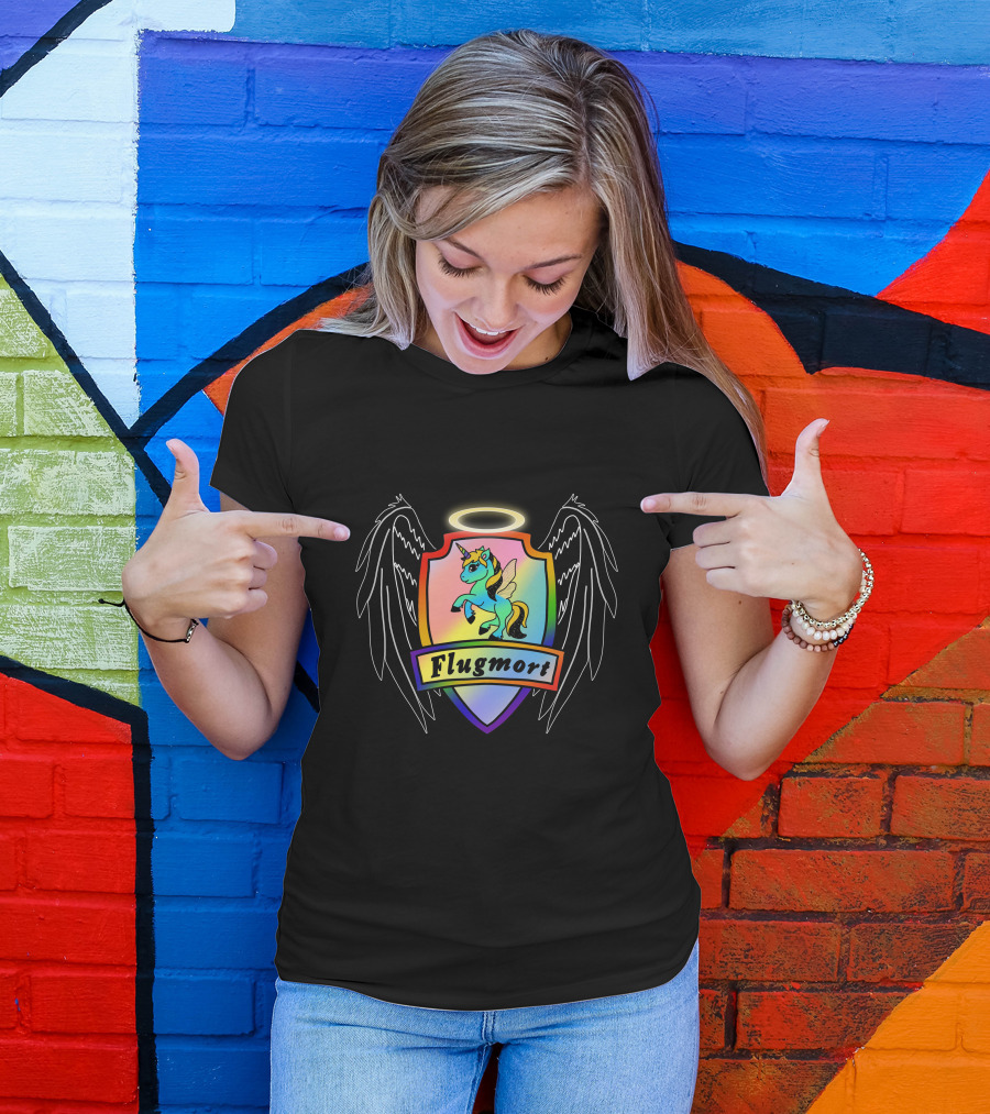 Flugmort Rainbow Unicorn Crest With Black Angel Wings Halo T-Shirt