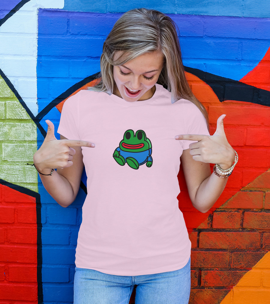 Mizkif Sat REALMizkif Pepe Frog Sitting Cartoon Pink Background T-Shirt