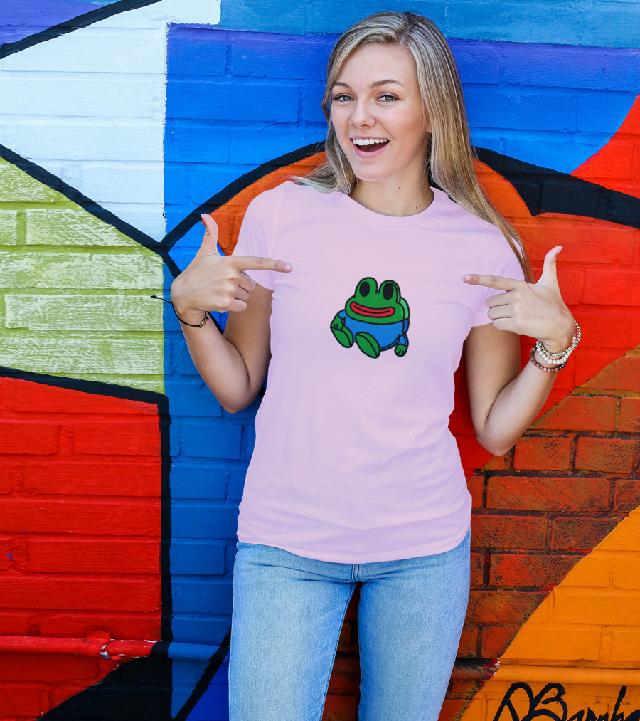 Mizkif Sat REALMizkif Pepe Frog Sitting Cartoon Pink Background T-Shirt