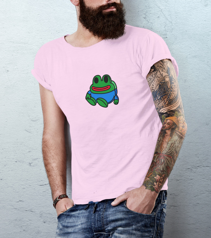 Mizkif Sat REALMizkif Pepe Frog Sitting Cartoon Pink Background T-Shirt