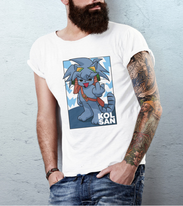 Kolsan Attitude Blue Cat Character With Lightning Bolt Background T-Shirt