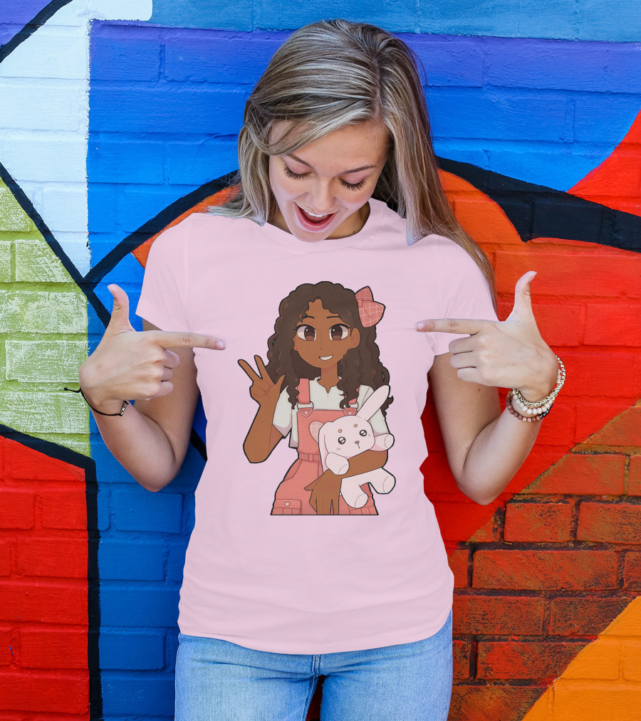 Akeila Merch Anime Style Character With Pink Overalls And Stuffed Bunny T-Shirt