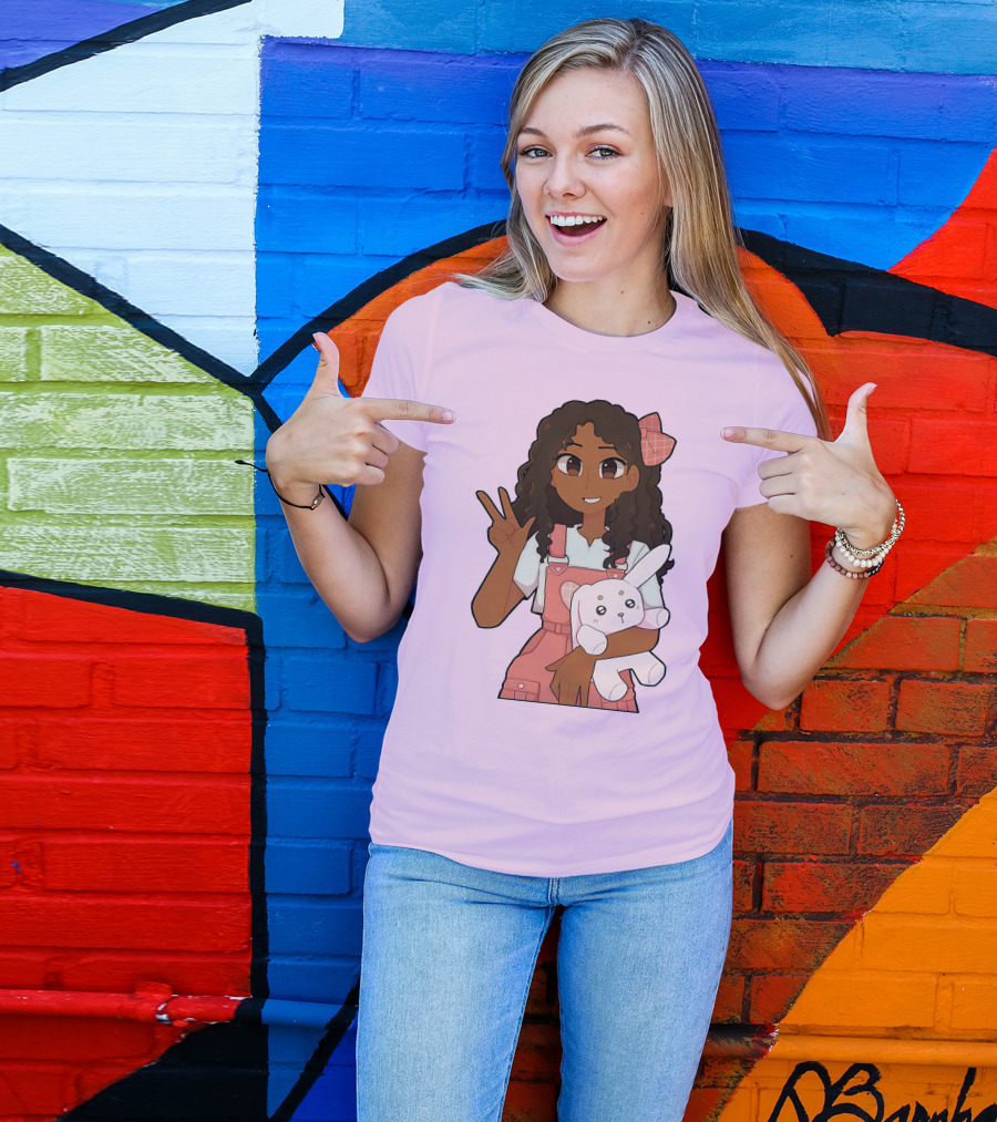 Akeila Merch Anime Style Character With Pink Overalls And Stuffed Bunny T-Shirt