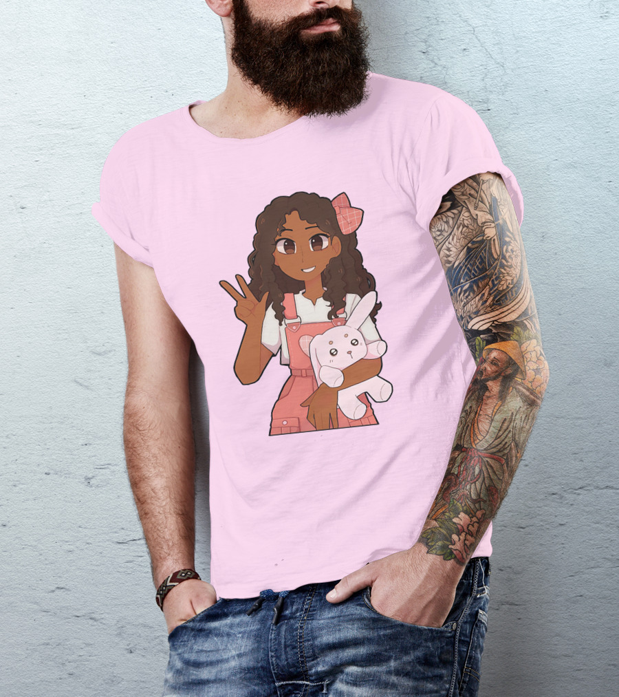 Akeila Merch Anime Style Character With Pink Overalls And Stuffed Bunny T-Shirt