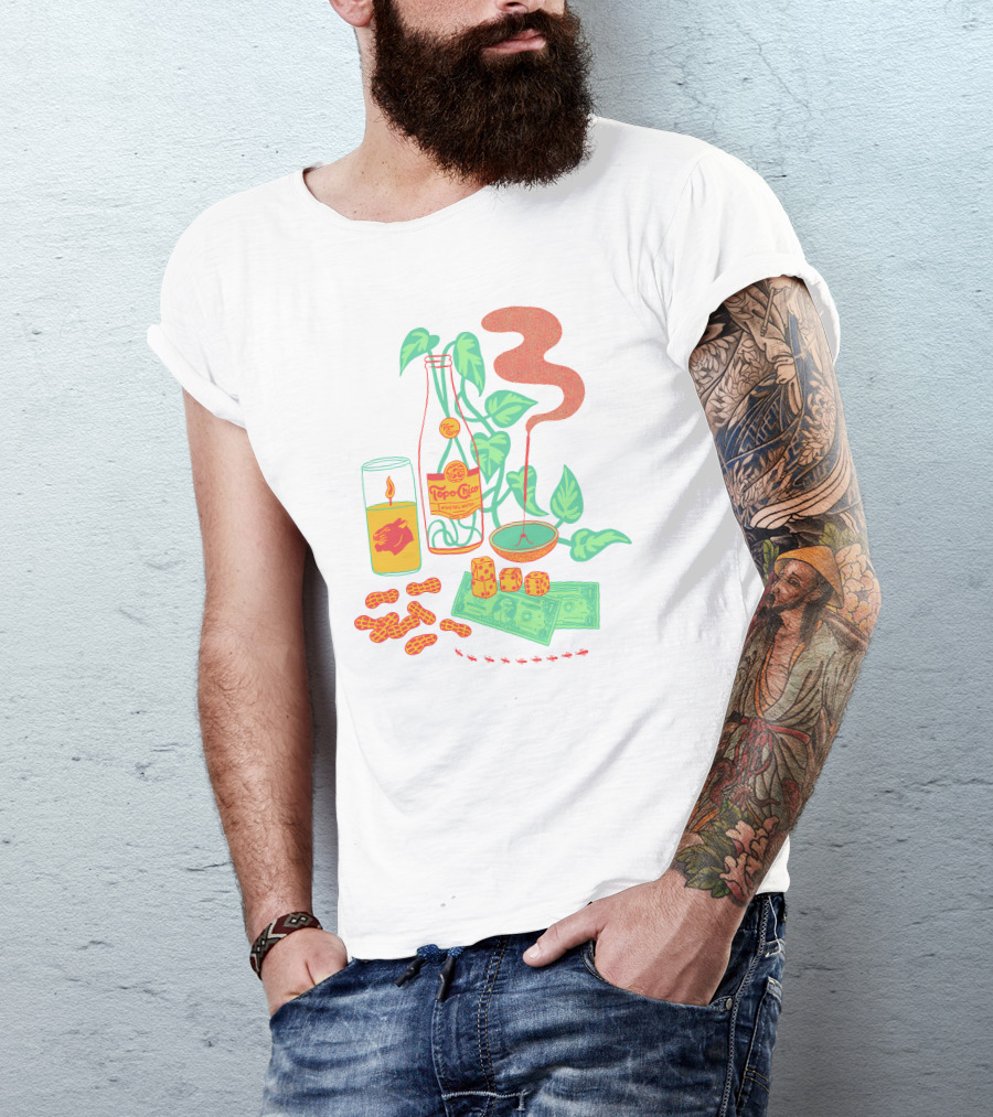 Quarenscene Natural Simone Thornton Topo Chico Peanuts Candle Dice Leaves Money Ants T-Shirt