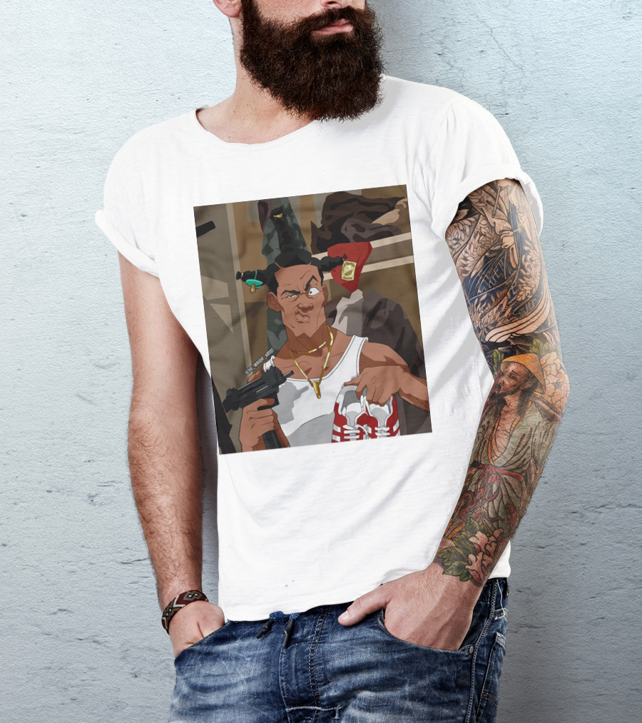 Loc Dog Mens Society Parody Character Holding Sneakers And Gun T-Shirt