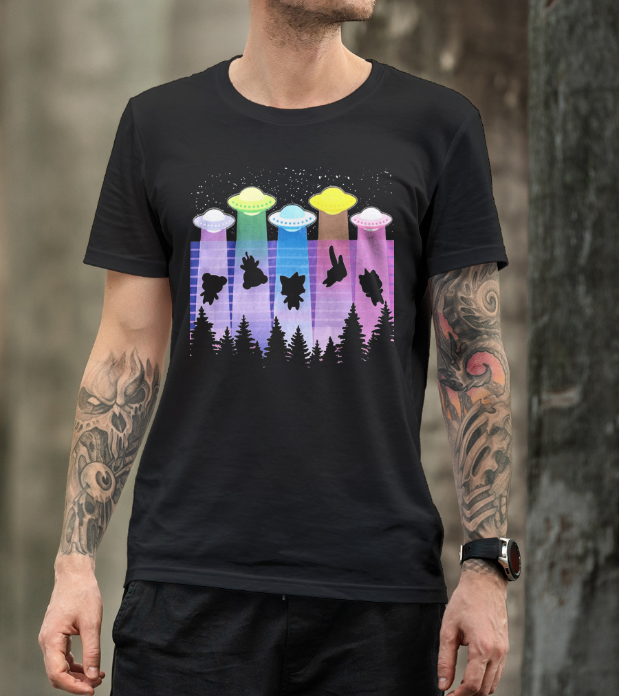 Krewdistrict Flying Saucers Alien Abduction Cartoon Silhouettes Forest Scene T-Shirt
